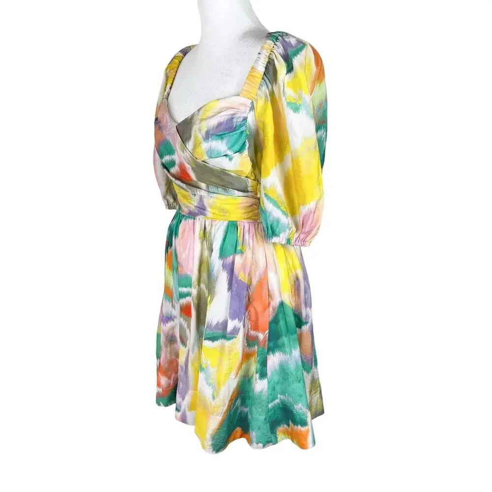 Anthropologie Swingy Rainbow Tie Dye Puff Sleeve Smocked Flirty Mini Dress Sz XS - Picture 6 of 9
